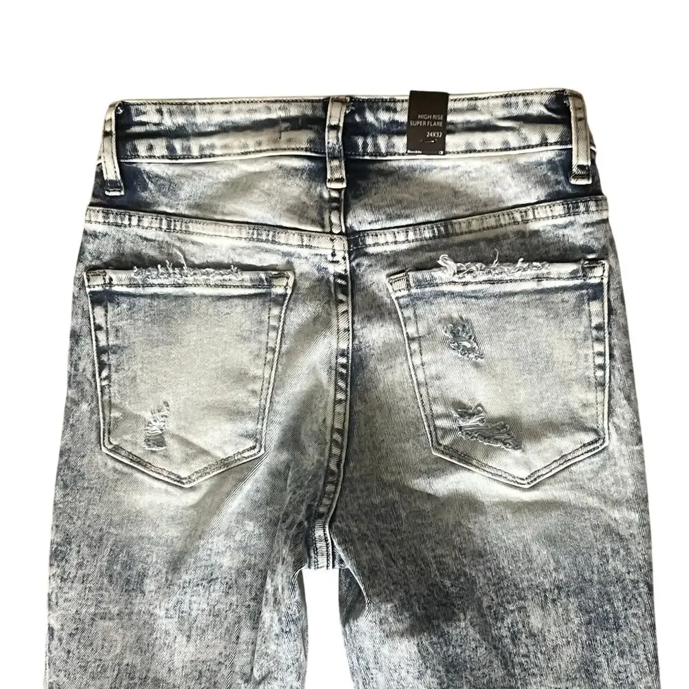 Flying Monkey High Rise Super Flare Jeans 24x32 Acid Wash Buckle NWT Edgy Y2K - Picture 6 of 6